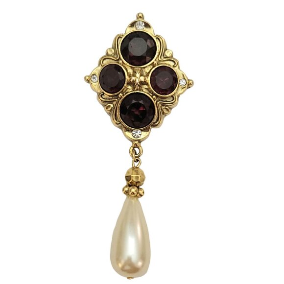 1928 Brand Red Glass Rhinestone Cross Pattern Faux Pearl Dangle Brooch, M854 - Picture 3 of 10